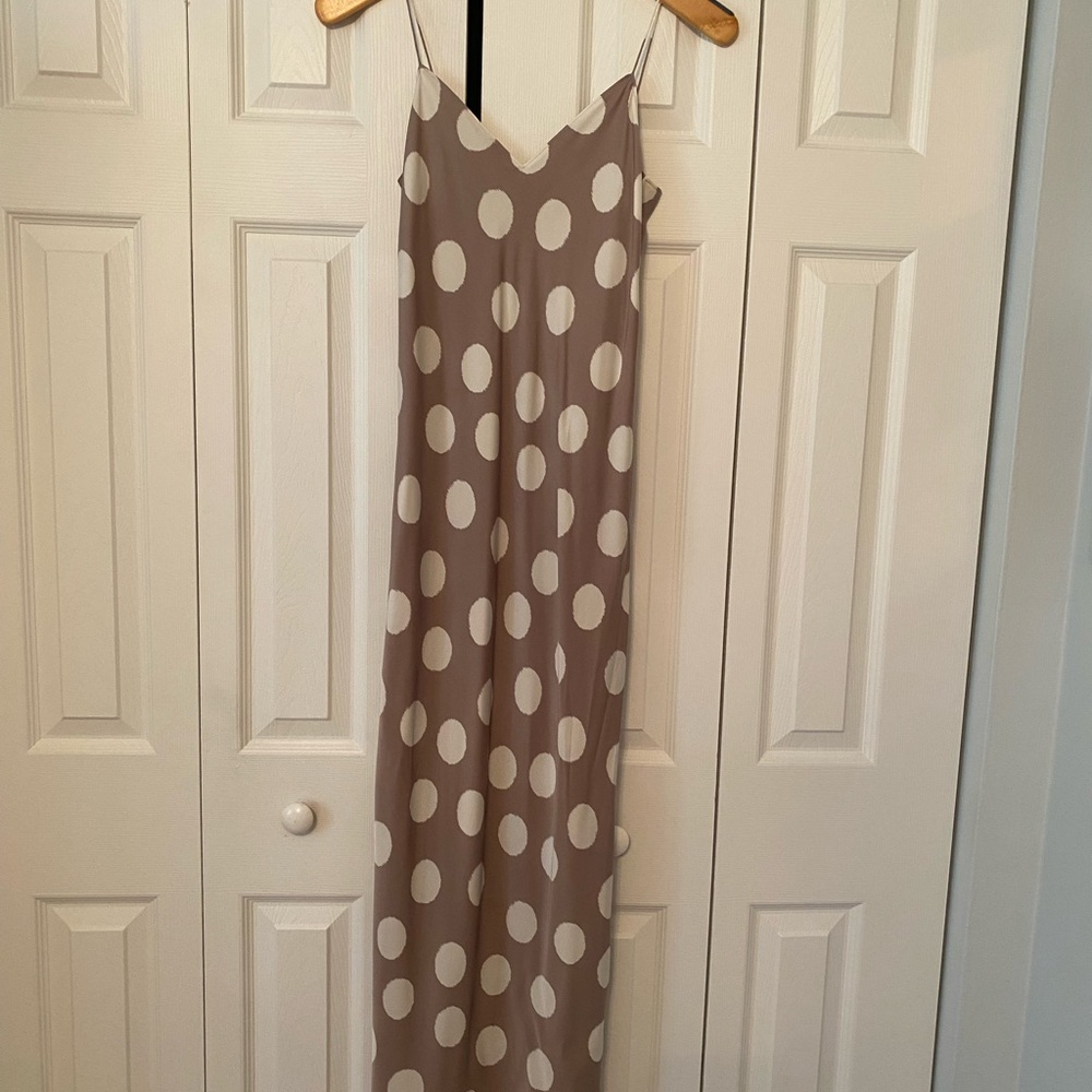 Theory Silk Taupe Maxi Slip Dress with Cream Polka Dots